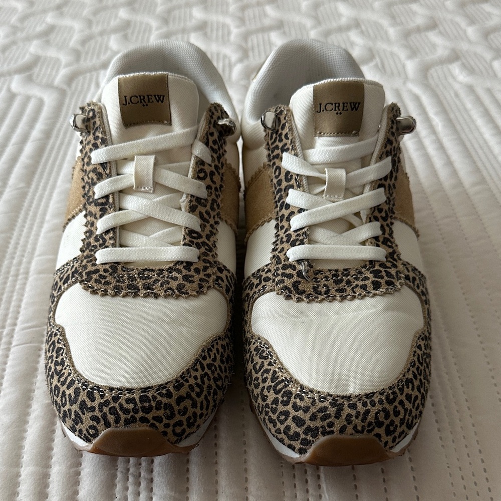 Pre owned- J. Crew White Sneakers with Leopard Print Accents